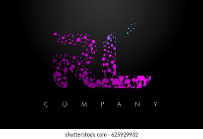 RL R L Letter Logo with Purple Blue Particles and Bubble Dots Design Vector.