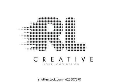 RL R L Letter Logo Design with Black Dots and Bubble Trails.