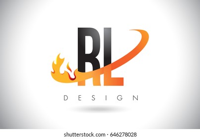 RL R L Letter Logo Design with Fire Flames and Orange Swoosh Vector Illustration.