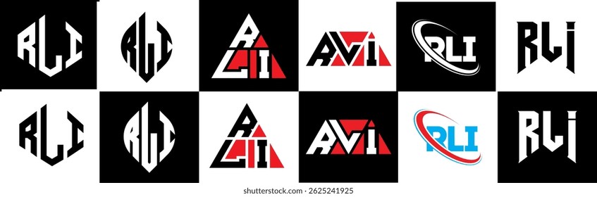 Design de logotipo de letra RLI em estilo seis. Polígono RLI, círculo, triângulo, hexágono, estilo simples e plano com logotipo de letra de variação de cor preto e branco definido em uma prancheta. RLI minimalista e logotipo clássico
