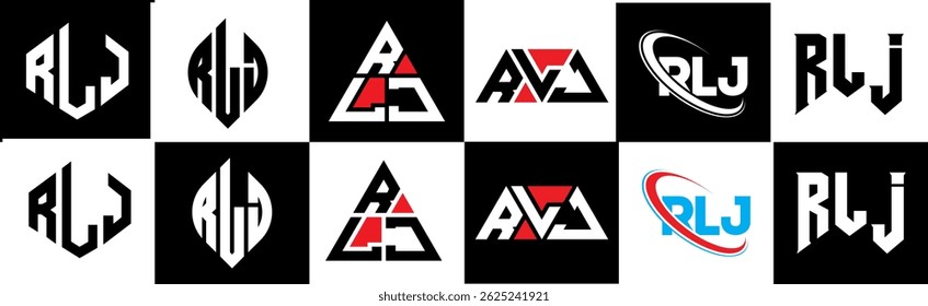 RLJ letter logo design in six style. RLJ polygon, circle, triangle, hexagon, flat and simple style with black and white color variation letter logo set in one artboard. RLJ minimalist and classic logo