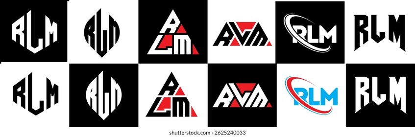 RLM letter logo design in six style. RLM polygon, circle, triangle, hexagon, flat and simple style with black and white color variation letter logo set in one artboard. RLM minimalist and classic logo