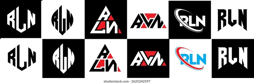 Design de logotipo de letra RLN em estilo seis. Polígono RLN, círculo, triângulo, hexágono, estilo simples e plano com logotipo de letra de variação de cor preto e branco definido em uma prancheta. RLN minimalista e logotipo clássico