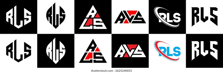 Design de logotipo de letra RLS em estilo seis. Polígono RLS, círculo, triângulo, hexágono, estilo simples e plano com logotipo de letra de variação de cor preta e branca definido em uma prancheta. Logotipo minimalista e clássico do RLS