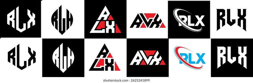 RLX letter logo design in six style. RLX polygon, circle, triangle, hexagon, flat and simple style with black and white color variation letter logo set in one artboard. RLX minimalist and classic logo