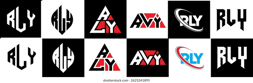 RLY letter logo design in six style. RLY polygon, circle, triangle, hexagon, flat and simple style with black and white color variation letter logo set in one artboard. RLY minimalist and classic logo