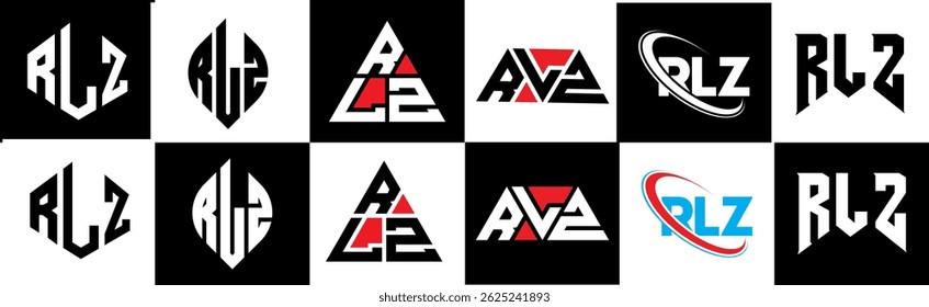 RLZ letter logo design in six style. RLZ polygon, circle, triangle, hexagon, flat and simple style with black and white color variation letter logo set in one artboard. RLZ minimalist and classic logo