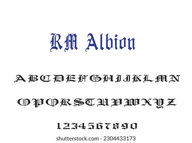 RM Albion font design, set of alphabet letters and numbers vector illustration