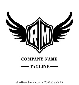 RM bold shield logo with wings, customizable with letters A to Z. Perfect for brands seeking a powerful symbol of strength, freedom, and ambition