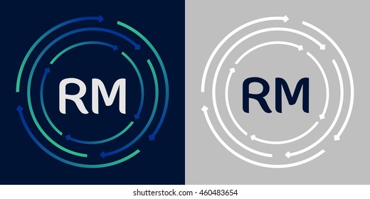 RM design template elements in abstract background logo, design identity in circle, letters business logo icon, blue/green alphabet letters, simplicity graphics
