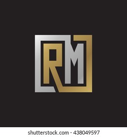 RM initial letters looping linked square elegant logo golden silver black background