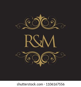RM Initial logo. Ornament ampersand monogram golden logo black background