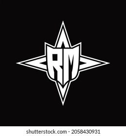 Monograma del logotipo RM con una plantilla de diseño de cuatro flechas de dirección sobre fondo negro