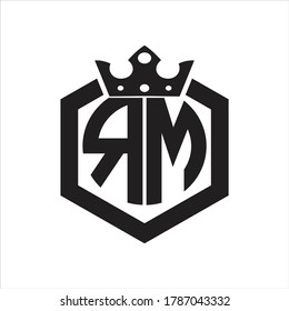 RM Logo monogram rounded by hexagon shape with crown design template on white background