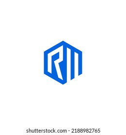 RM monogram logo inside hexagon shape - blue