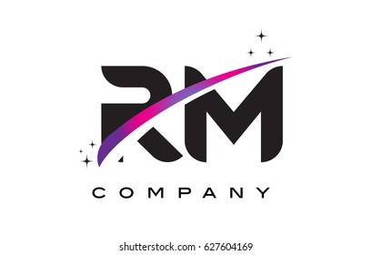 RM R M Black Letter Logo Design with Purple Magenta Swoosh and Stars.