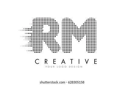 RM R M Letter Logo Design with Black Dots and Bubble Trails.