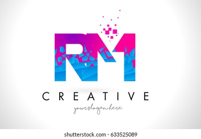 RM R M Letter Logo with Broken Shattered Blue Pink Triangles Texture Design Vector Illustration.