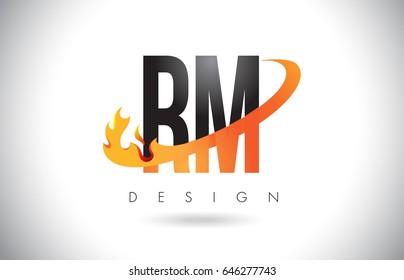 RM R M Letter Logo Design with Fire Flames and Orange Swoosh Vector Illustration.