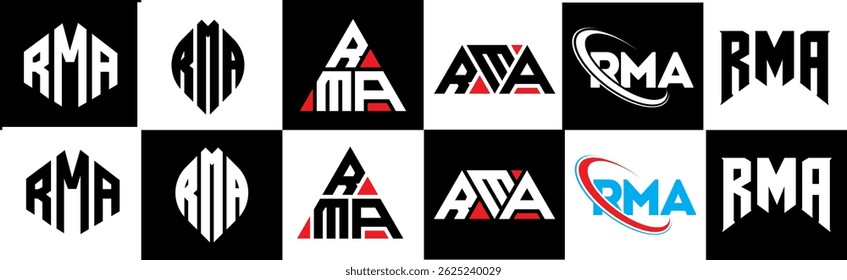 RMA letter logo design in six style. RMA polygon, circle, triangle, hexagon, flat and simple style with black and white color variation letter logo set in one artboard. RMA minimalist and classic logo