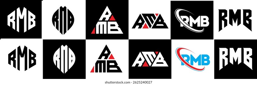 RMB letter logo design in six style. RMB polygon, circle, triangle, hexagon, flat and simple style with black and white color variation letter logo set in one artboard. RMB minimalist and classic logo