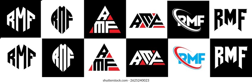 RMF letter logo design in six style. RMF polygon, circle, triangle, hexagon, flat and simple style with black and white color variation letter logo set in one artboard. RMF minimalist and classic logo