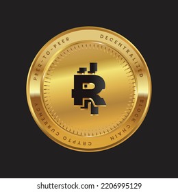 RMKR Cryptocurrency logo in black color concept on golden coin. Rmkr token Block chain technology symbol. Vector illustration for banner, background, web, print, article.