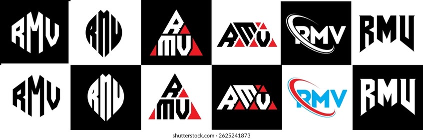 RMV letter logo design in six style. RMV polygon, circle, triangle, hexagon, flat and simple style with black and white color variation letter logo set in one artboard. RMV minimalist and classic logo