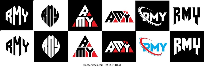RMY letter logo design in six style. RMY polygon, circle, triangle, hexagon, flat and simple style with black and white color variation letter logo set in one artboard. RMY minimalist and classic logo