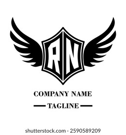 RN bold shield logo with wings, customizable with letters A to Z. Perfect for brands seeking a powerful symbol of strength, freedom, and ambition