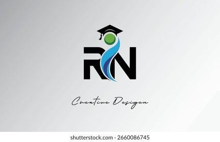 RN Creative Letter Logo with Graduation Cap and Abstract Human – Modern Education and Learning Symbol Design