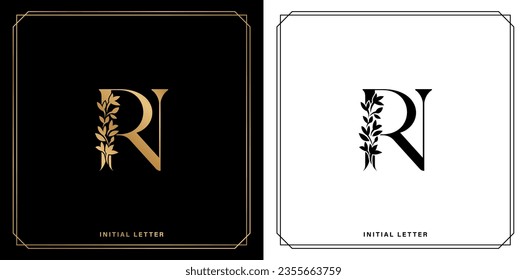 RN floral monogram letter Elegant luxury logo design in black white and gold color for advertisement material, collage print, ads campaign marketing, screen printing, letterpress golden foil cards