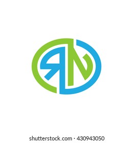 RN initial letters looping linked ellipse logo blue green