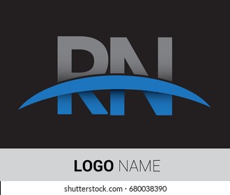 RN initial logo company name colored grey and blue swoosh design.