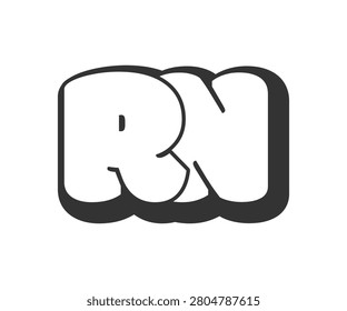 RN logo, bubble comic lettering, rounded in graffiti style black and white silhouette. Trendy preschool R and N letter text for festival party, personal initials, children funky print and web. Vector illustration.
