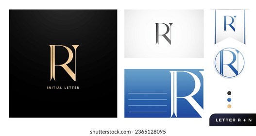 RN monogram lettering fonts with modern letter logo design styles for business cards templates, advertisement material, collage prints, ads campaign marketing, screen printing, letterpress golden foil
