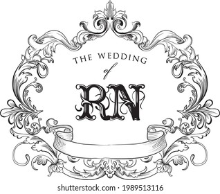 RN Monogram with Ornament Swirl Pattern Isolated