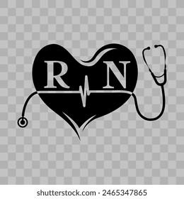 RN Nurse heart label with stethoscope in love shape isolated on transparent background