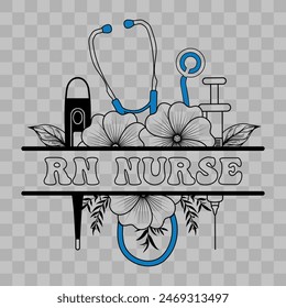 RN nurse sticker, Split Floral Nurse sticker, Split nurse floral monogram frame with stethoscope, syringe and thermometer sticker