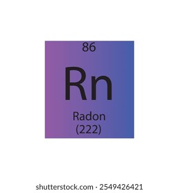 Rn Radón Noble gas Elemento químico Tabla periódica. Ilustración vectorial cuadrada plana simple, icono de estilo limpio simple con masa molar y número atómico para laboratorio, ciencia o clase de química.