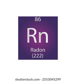 Rn Radón Noble gas Elemento químico Tabla periódica. Ilustración vectorial cuadrada plana simple, icono de estilo limpio simple con masa molar y número atómico para laboratorio, ciencia o clase de química.