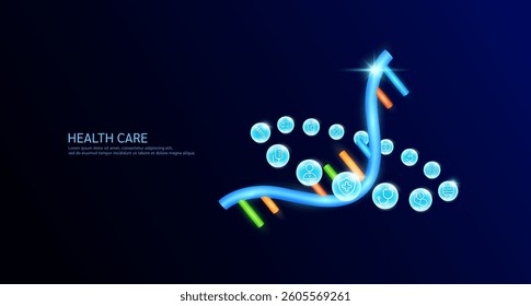 RNA or ribonucleic acid cell human with medical icon sign symbol surrounded. On dark blue background. Medical science health care concept. Banner Vector.
