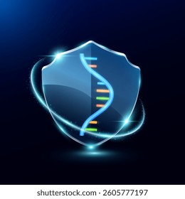 RNA or Ribonucleic acid cell human in translucent glass shield modern. Surrounded by glowing ring safety guardian on blue background. Medical health care immunity and protection concept. Vector.