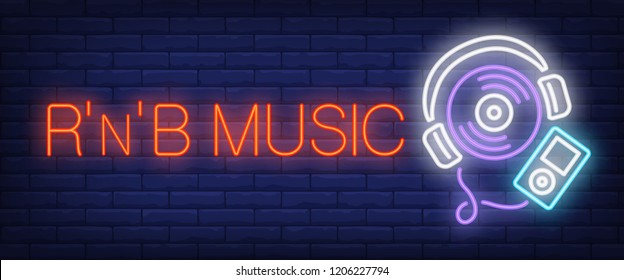 RNB music neon text with player. Modern music and youth culture advertisement design. Night bright neon sign, colorful billboard, light banner. Vector illustration in neon style.