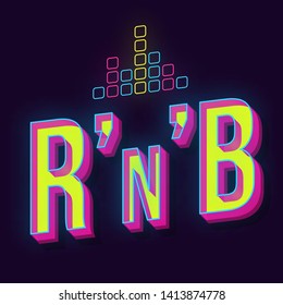 RnB vintage 3d vector lettering. Retro bold font, typeface. Pop art stylized text. Old school style neon light letters. 90s, 80s poster, banner, t shirt typography design. Dark violet color background