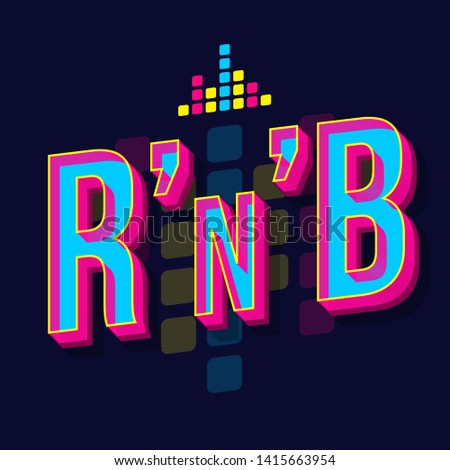 RnB vintage 3d vector lettering. Retro bold font, typeface. Pop art stylized text. Old school style letters. 90s, 80s poster, banner, t shirt typography design. Dark violet color background