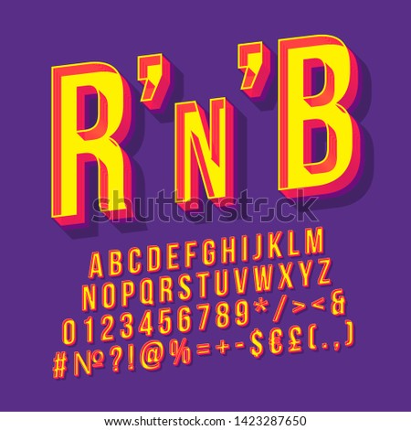 RnB vintage 3d vector lettering. Retro bold font, typeface. Pop art stylized text. Old school style letters, numbers, symbols, elements pack. 90s, 80s poster, banner. Purple color background