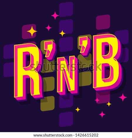 RnB vintage 3d vector lettering. Retro bold font, typeface. Pop art stylized text. Old school style neon light letters. 90s, 80s poster, banner, t shirt typography design. Dark violet color background