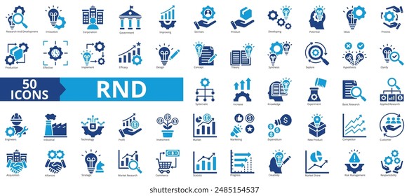 RND icon collection set. Containing research and development, innovative, corporation, government, improving, services, product icon. Simple flat vector