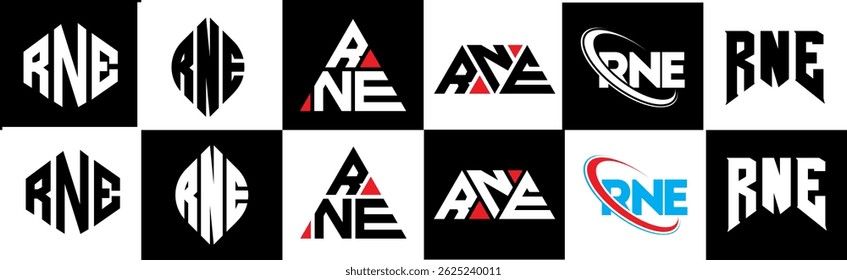 RNE letter logo design in six style. RNE polygon, circle, triangle, hexagon, flat and simple style with black and white color variation letter logo set in one artboard. RNE minimalist and classic logo